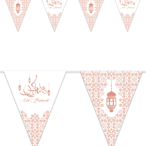 Vlaggenlijn plastic metallic Rose Goud, bedrukt met 'Eid Mubarak' 6 mtr